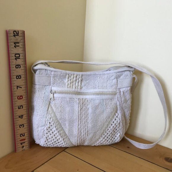 Textured Woven Fabric Purse Shoulder Bag Vintage 90s Neutral Crochet 9x11 - Picture 6 of 10